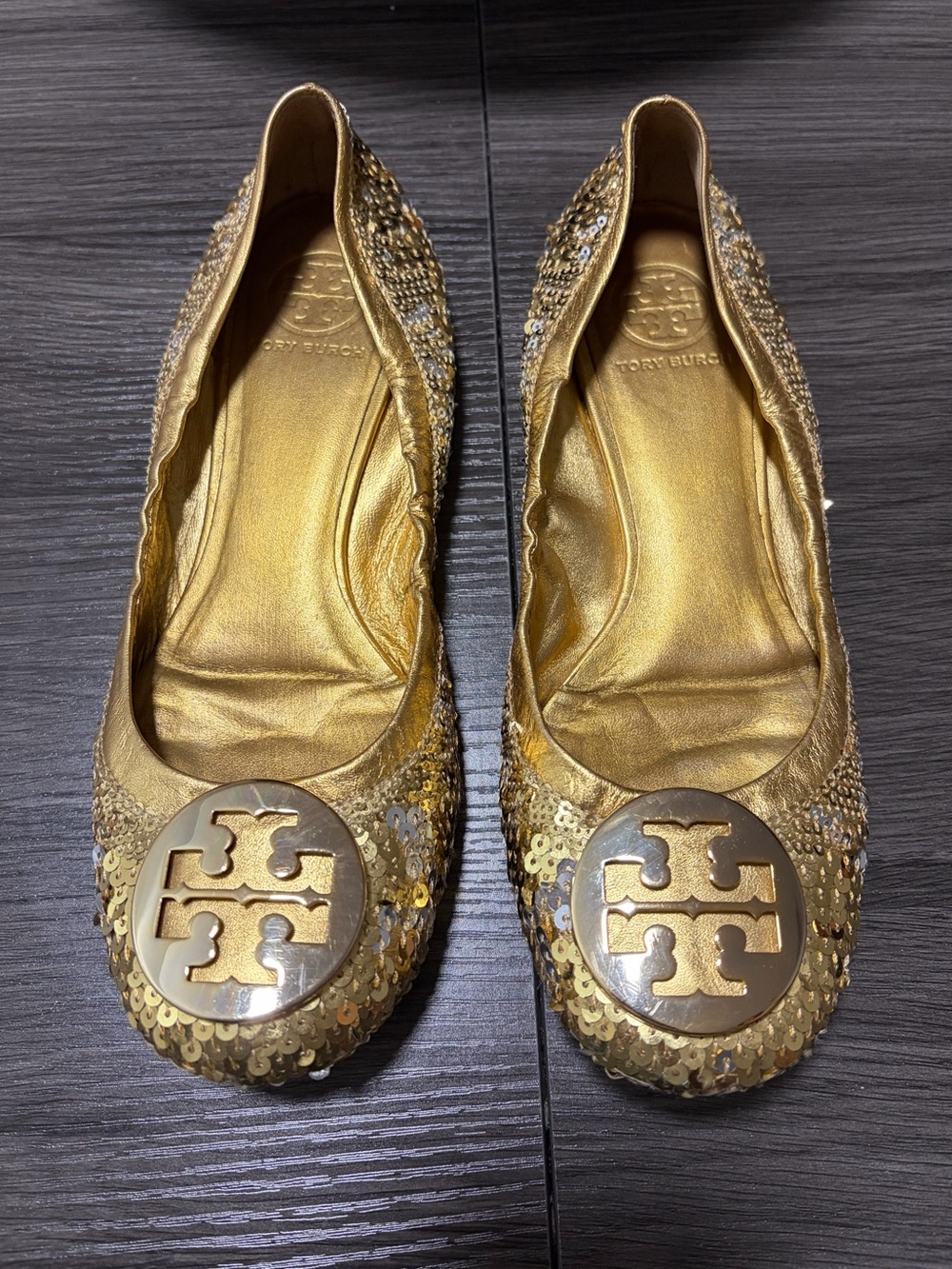 Tory Burch Gold Sequin Logo Ballet Flats size 7
